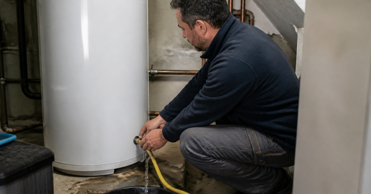 Technicien vidant reservoir eau chaude cylindrique vertical