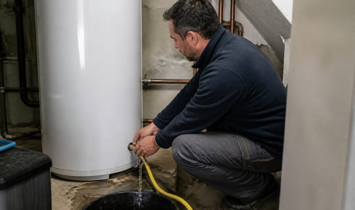 Technicien vidant reservoir eau chaude cylindrique vertical