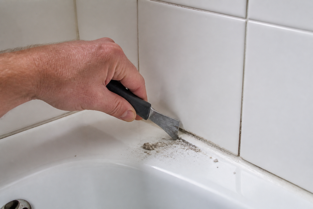 Grattoir creuser joints carrelage blanc salle bain