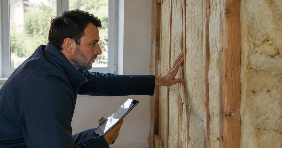 Inspecteur verifiant isolation thermique mur interieur maison