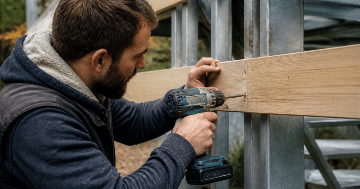 Ouvrier fixant lames bois sur structure metallique sureleve
