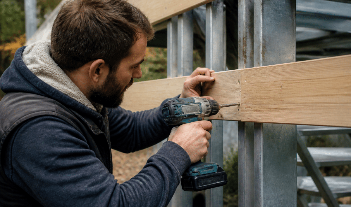 Ouvrier fixant lames bois sur structure metallique sureleve