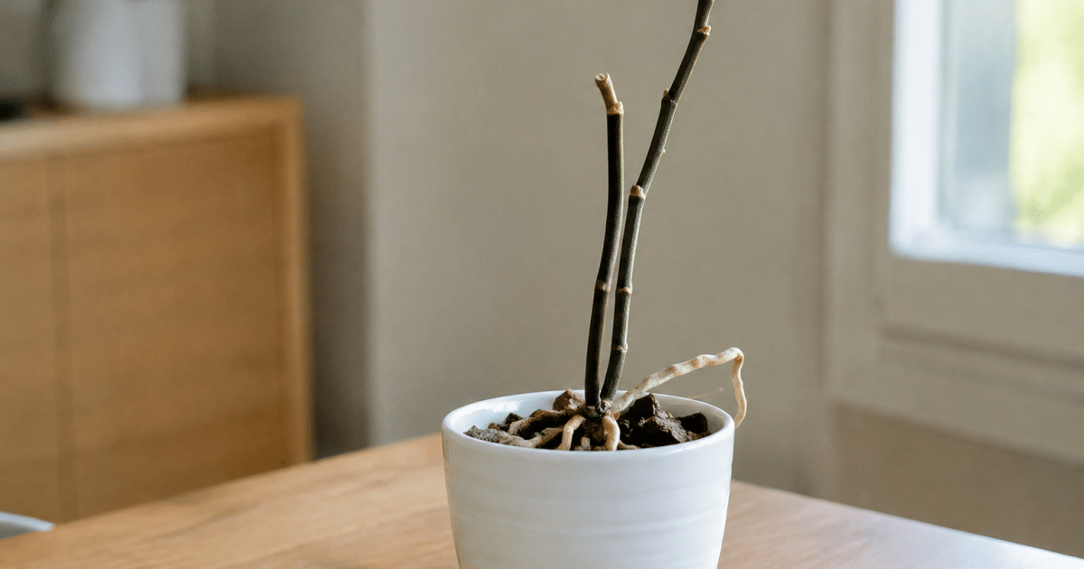 Tige nue d'orchidee sans feuilles dans pot blanc