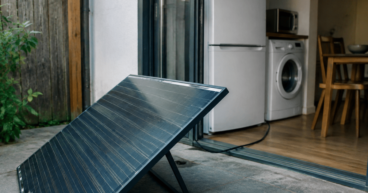 Panneau solaire noir incline alimentant appareils electromenagers domestiques