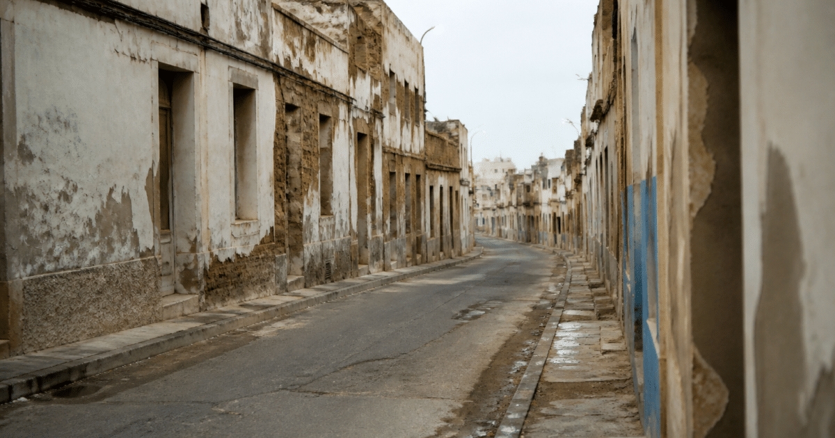 Rue urbaine delabree avec batiments degrades et rues desertes