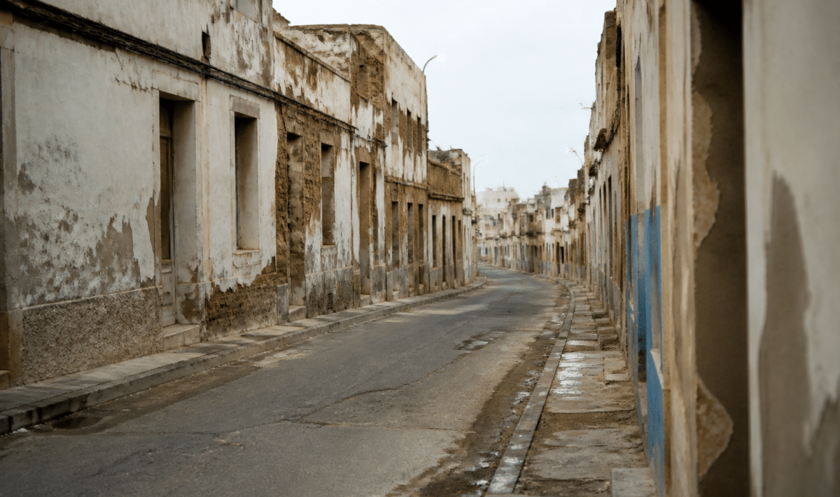 Rue urbaine delabree avec batiments degrades et rues desertes