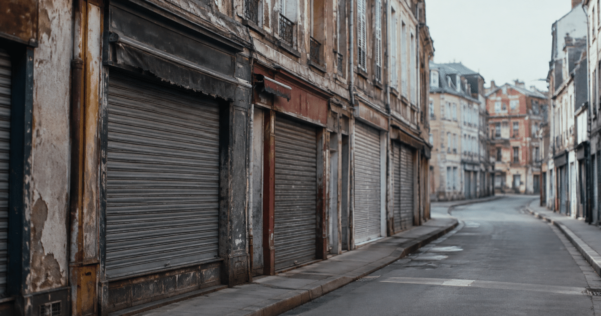 Rue urbaine delabree avec facades degradees et commerces fermes