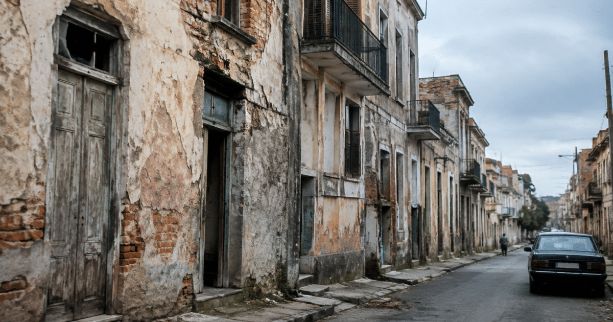 Rue urbaine degradee avec immeubles delabres et facades usees