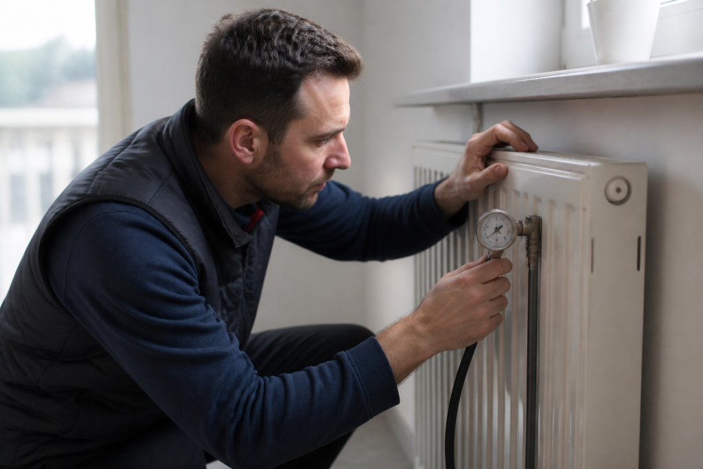 Technicien inspecte radiateur blanc avec manometre