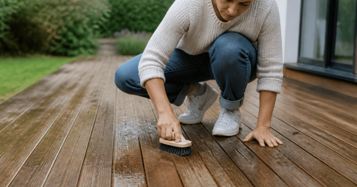 Personne accroupie frottant planches bois terrasse avec brosse