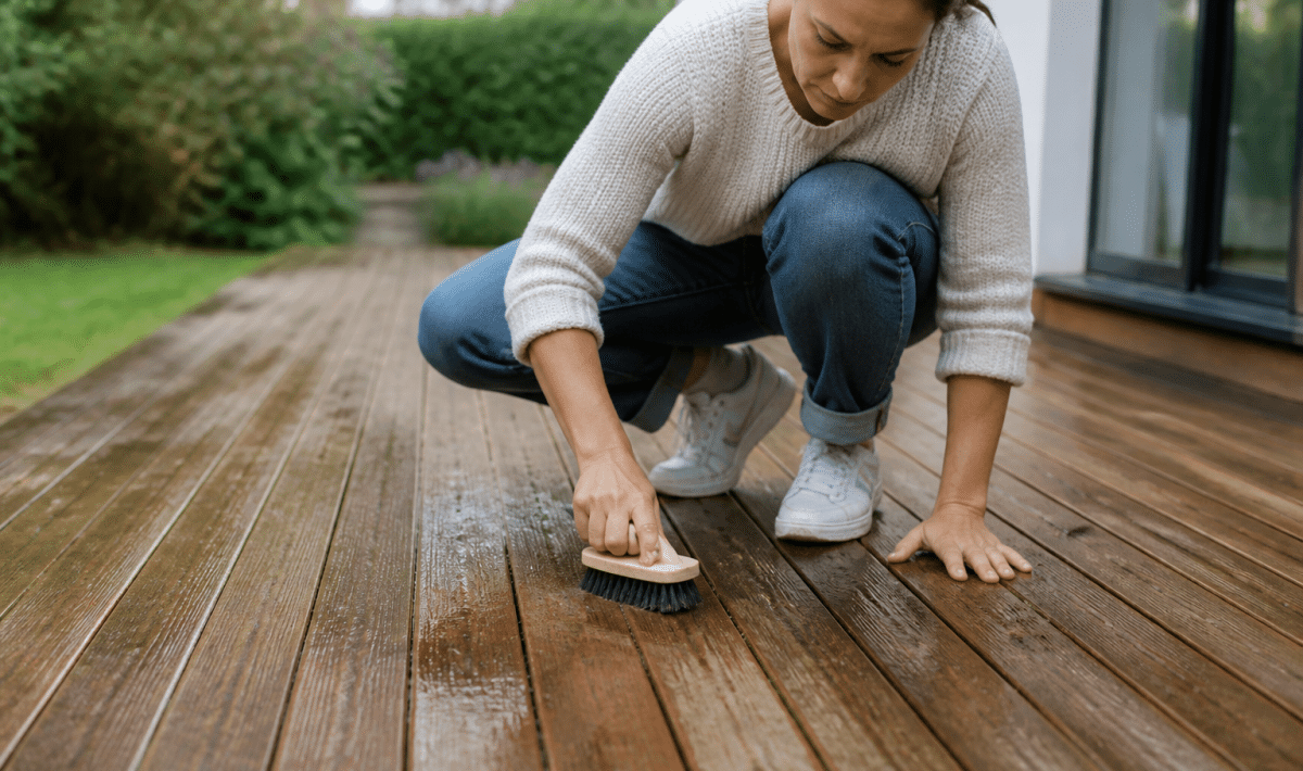 Personne accroupie frottant planches bois terrasse avec brosse