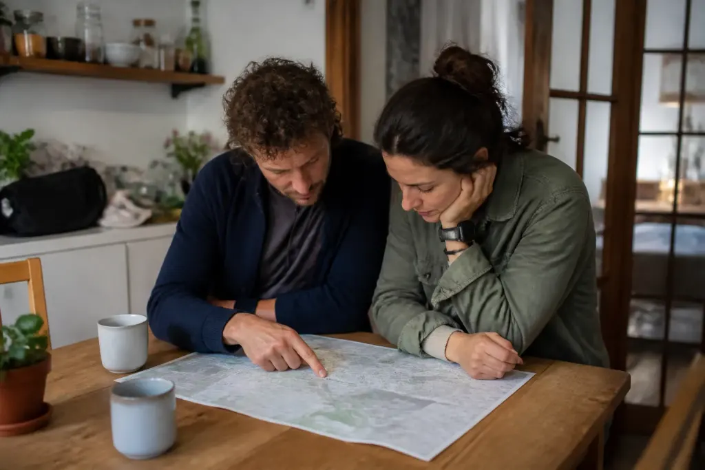 Couple examinant un plan de quartier sur table