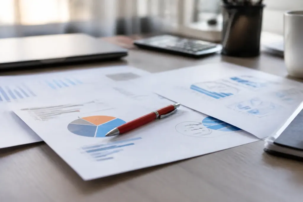 Graphiques imprimes sur bureau avec stylo rouge