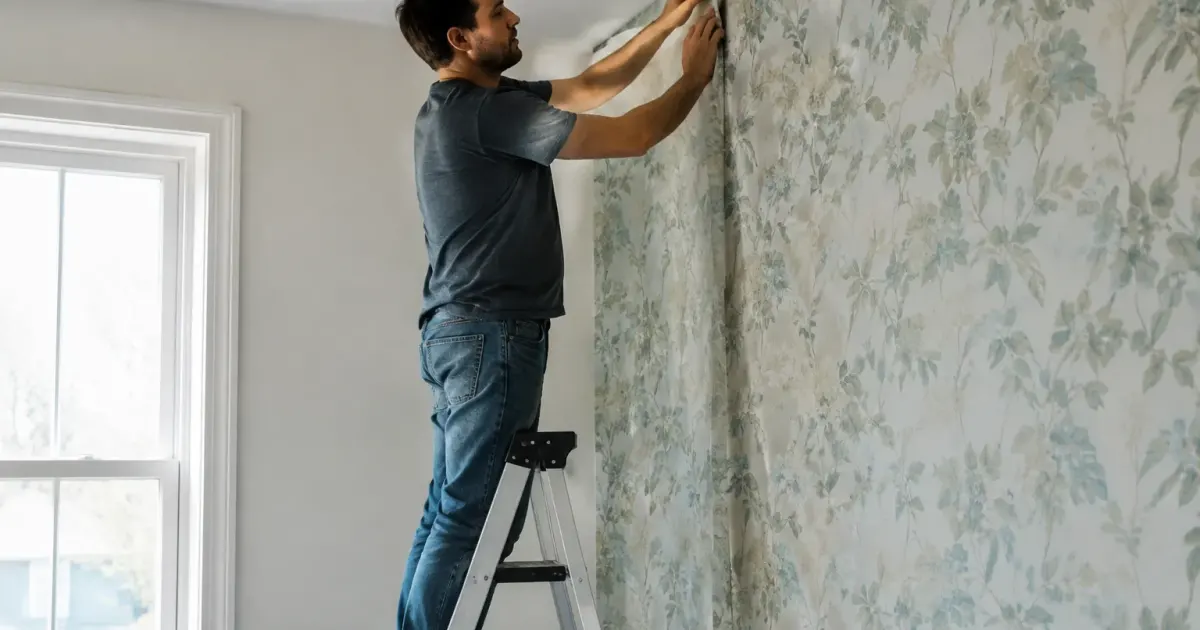 Homme debout sur escabeau, bande de papier peint