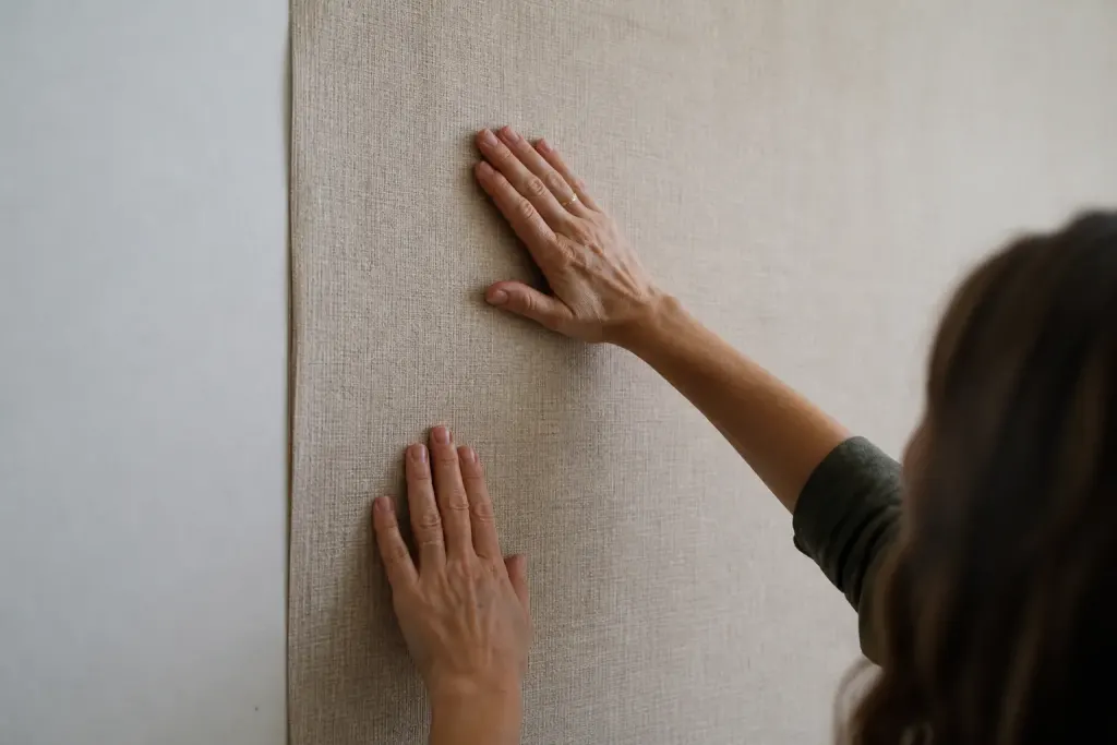 Mains lissant une tapisserie beige sur un mur clair