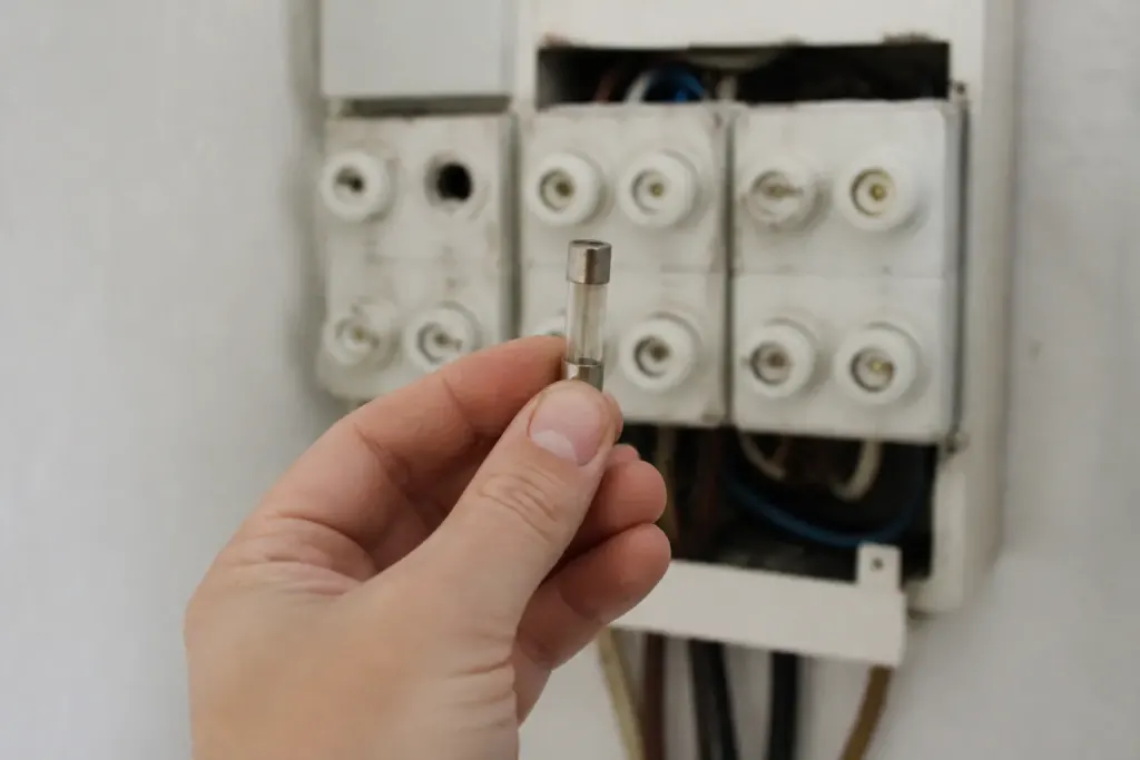 Mains seches tenant un fusible devant un tableau electrique