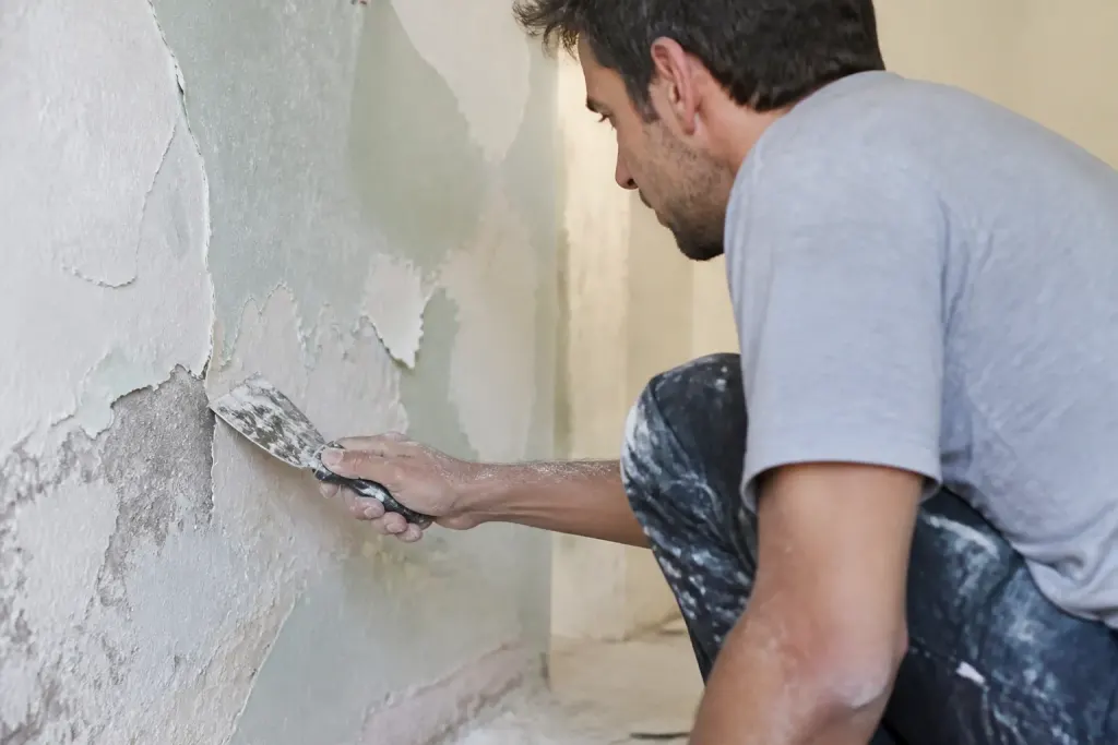 Ouvrier grattant peinture ecaillee sur mur poussiereux avec spatule