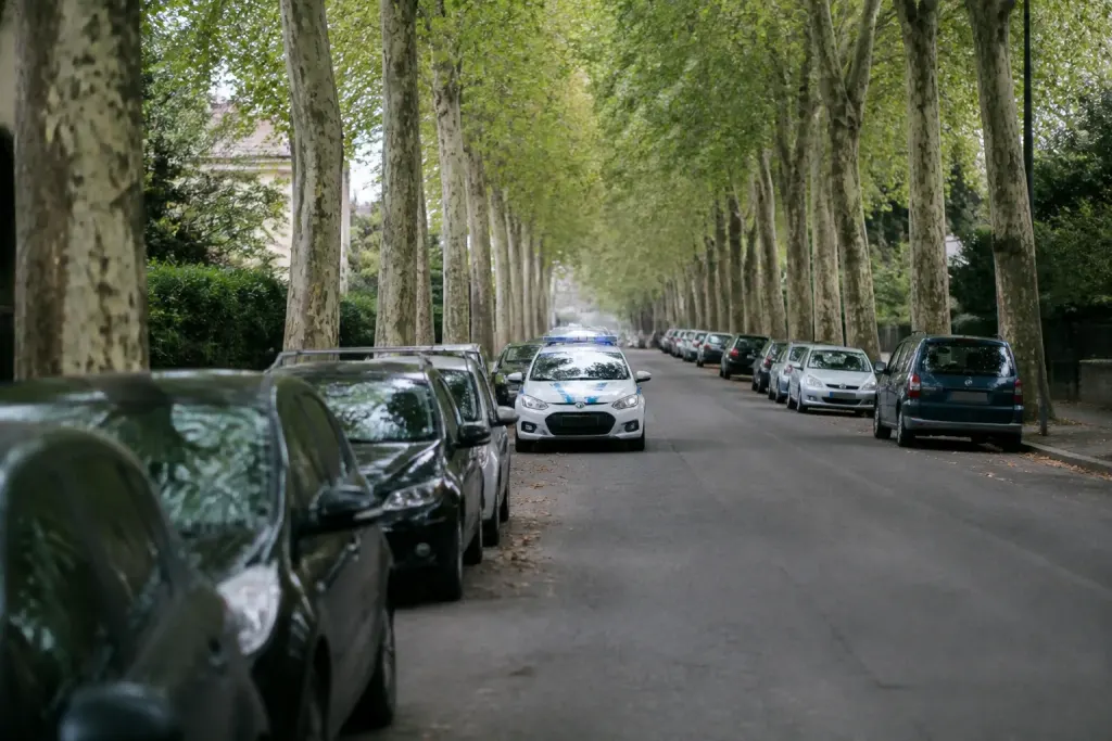Rue calme bordee de platanes et voiture de police
