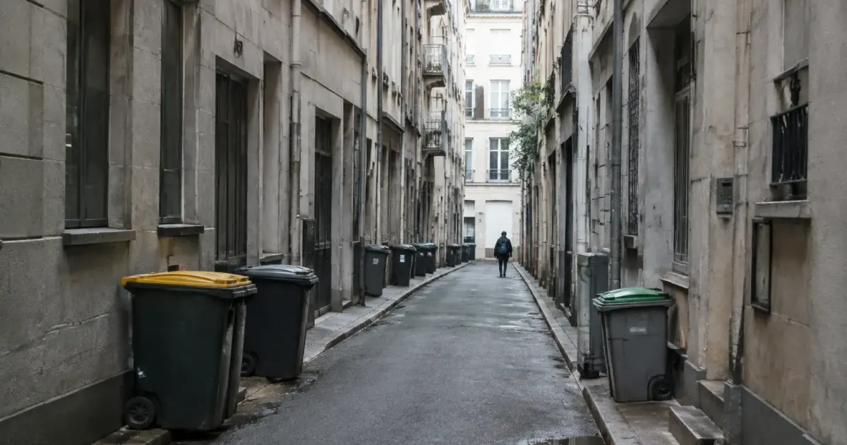 Rue etroite bordee de hauts immeubles gris avec poubelles
