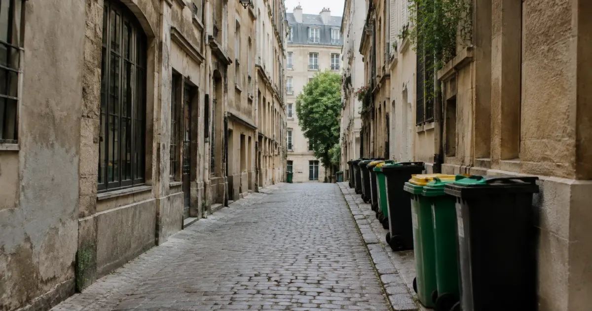 Rue etroite bordee de facades anciennes et poubelles alignees